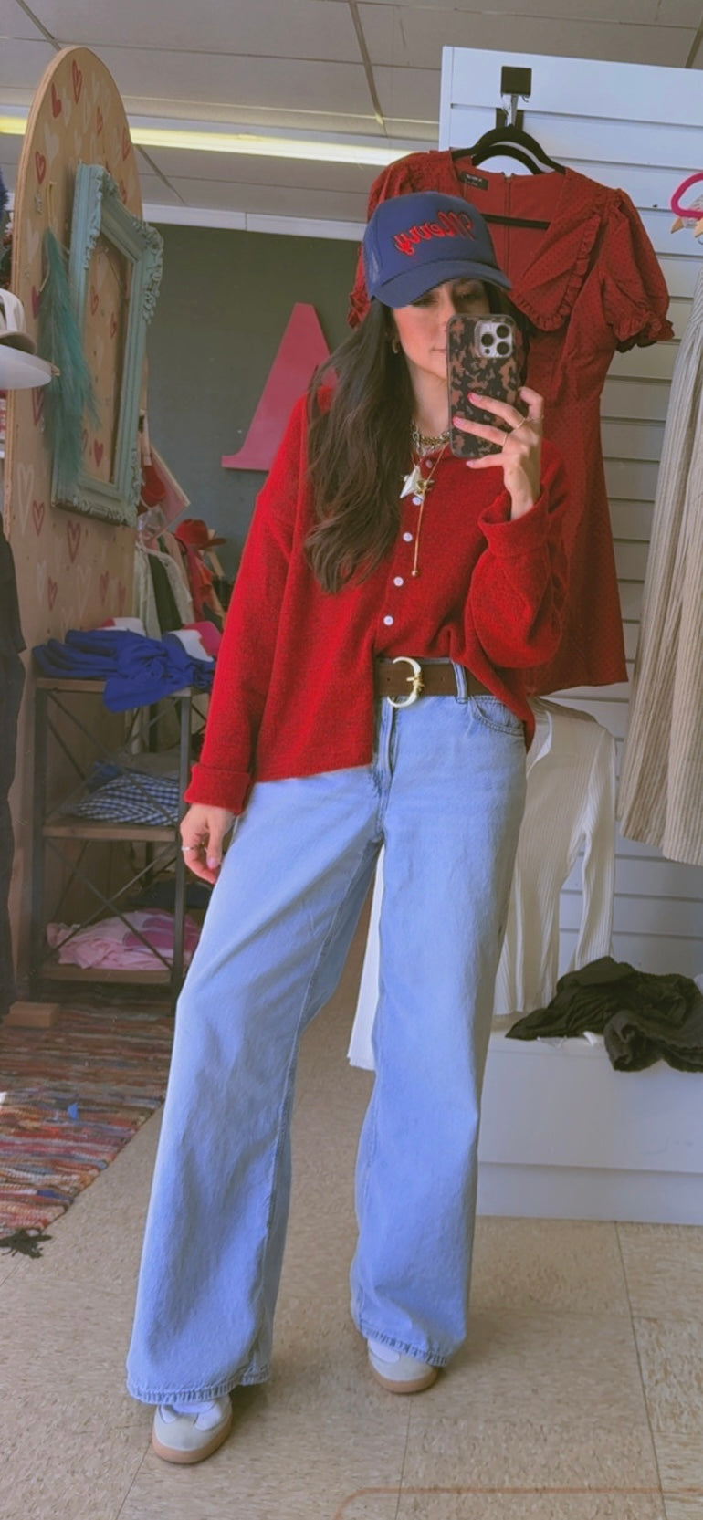 Red cardigan