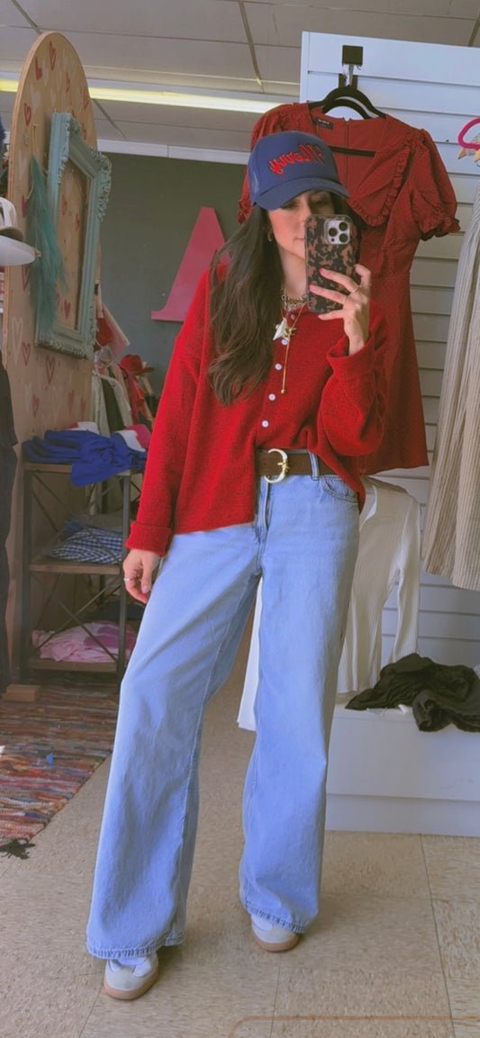 Red cardigan